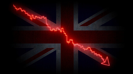 UK Economic Downturn Illustrated with Falling Stock Market Graph on Union Jack Flag Background