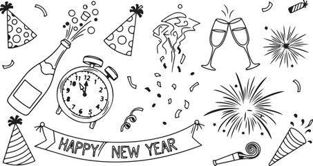 Happy New Year 2026 Doodle Set | Festive Hand‑Drawn Illustrations for Celebration Designs