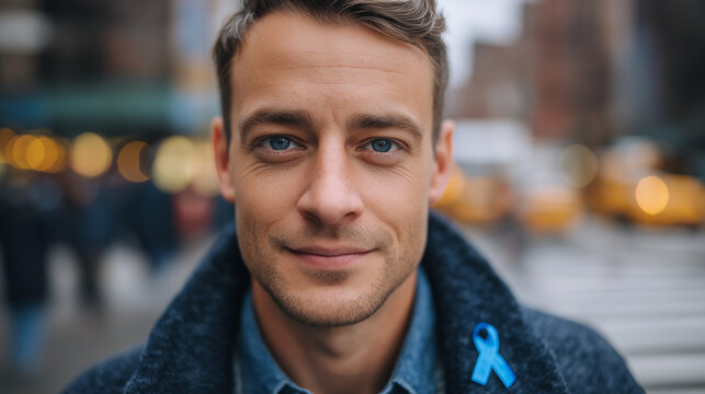Young adult male wearing a blue awareness ribbon on his coat, symbolizing health advocacy in an urban setting - Powered by Adobe