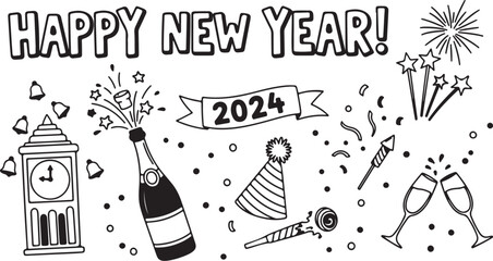 Happy New Year 2026 Doodle Set | Festive Hand‑Drawn Illustrations for Celebration Designs