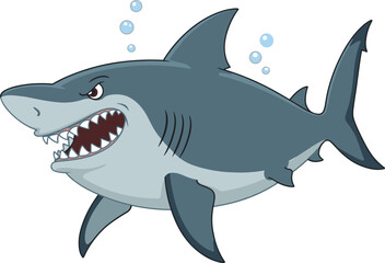 Obraz premium Angry cartoon shark swimming underwater with sharp teeth, dangerous sea predator illustration, marine wildlife character, ocean animal design artwork animation