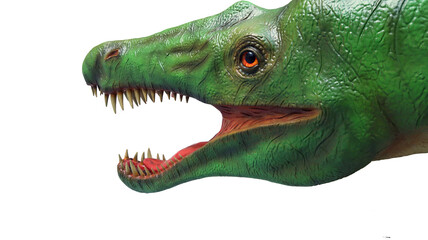 Vibrant green dinosaur sculpture head, featuring intricate skin textures, fierce eyes, and sharp teeth. The dinosaur appears ready to roar, captivating viewers with its realism.