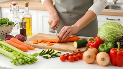 Person Chopping Carrots Surrounded by Fresh Vegetables in a Kitchen Keywords: cooking, vegetables