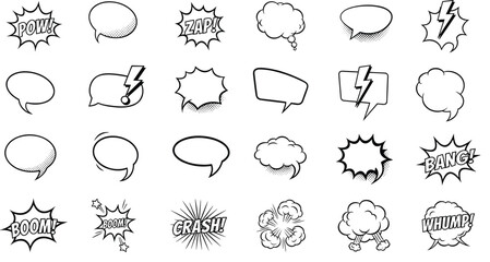 Black and White Comic Book Vector Collection Featuring Hand-Drawn Speech Bubbles and Action Sound Effects for Pop Art, Communication, and Graphic Novel Design