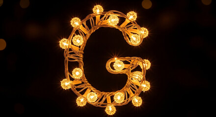 Stunning glowing letter G formed by warm fairy lights creating an elegant holiday or celebration decoration against dark background