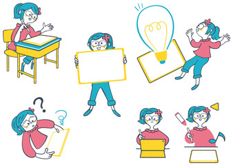 手書き風の線画イラストセット　タブレット学習をする眼鏡とポニーテールの小学生の女の子　勉強・トラブル・ひらめき・案内・遊びのバリエーション