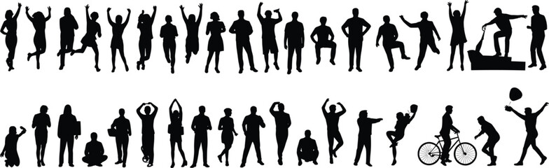 Silhouette collection of people in different standing, walking, dancing, celebrating, exercising, cycling poses, active lifestyle activity characters illustration design