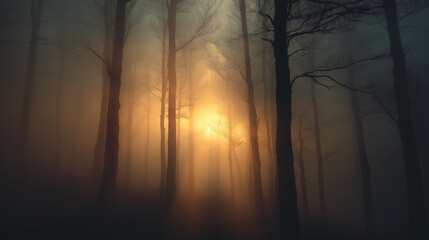 Ethereal orange sunlight streaming through a misty, leafless forest