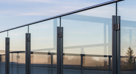 Fototapeta premium Sleek modern glass balcony railing system provides stunning architectural safety and clear panoramic views outdoors