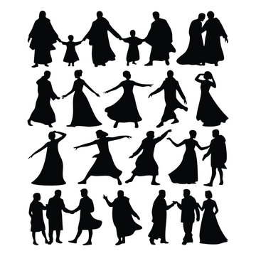 Group of People in Historical Dress Silhouettes, Black Silhouettes of Figures in Period Clothing, Vintage Dance and Family Silhouettes, Victorian/Regency Style Character Poses Vector, Vector.