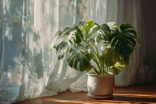 Monstera Houseplant in Soft Morning Light – Tropical Green Leaves by Window with Sheer Curtains and Natural Shadows