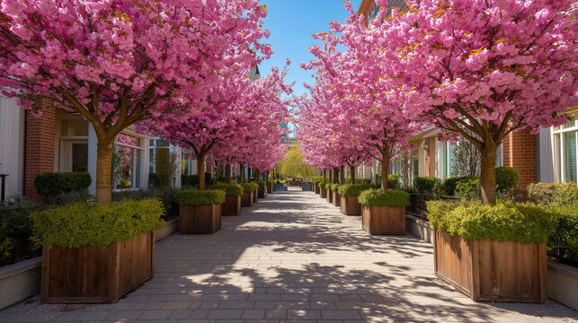 Pink Cherry Blossom Trees Lining a Paved Pedestrian Walkway in an Urban Setting