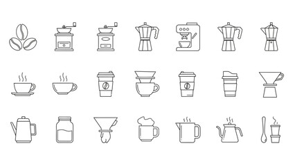 Minimal Coffee Icon Set – Line Art Coffee Tools, Cups, Beans, Barista Equipment Vector Collection