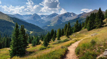 Fototapeta premium “A scenic hiking trail winds through the Colorado Rocky Mountains, surrounded by towering peaks, pine forests, and endless blue sky.”