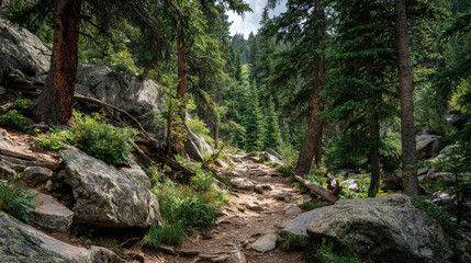 &ldquo;A scenic hiking trail winds through the Colorado Rocky Mountains, surrounded by towering peaks, pine forests, and endless blue sky.&rdquo;