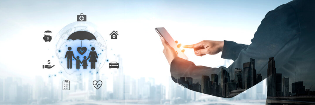 Concept of comprehensive insurance coverage and financial planning. A policy that provides life, health, and asset protection for a family's security and risk management. Fermion