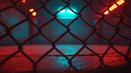 Dark cage interior lit by contrasting red and cyan glow