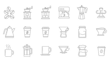 Minimal Coffee Icon Set – Line Art Coffee Tools, Cups, Beans, Barista Equipment Vector Collection