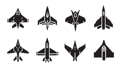 Military fighter jet silhouette set. Top view air force aircraft, supersonic combat plane, and tactical interceptor vector collection.
