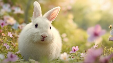 Fototapeta premium Rabbit in Blooming Meadow Symbolizes Spring, New Life, and Good Luck During a Bright Time of Day