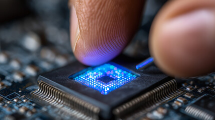 Detailed view of a finger connecting to a bright blue illuminated CPU socket on a PCB