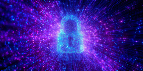 Cyber Protection Concept with Glowing Blue and Purple Lock