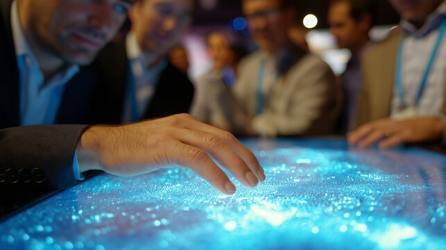 Hand touching a futuristic glowing blue interactive table during a business meeting or technology exhibit