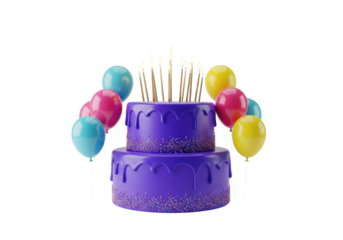 spectacular, two-tiered birthday cake with rich royal purple frosting, rainbow sprinkles, and burning candles, surrounded by vibrant balloons on a white studio background, celebratory product