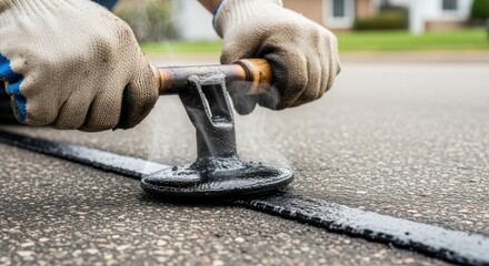 Hands using specialized tool to press and smooth hot rubberized crack seal in driveway fissures during maintenance work.