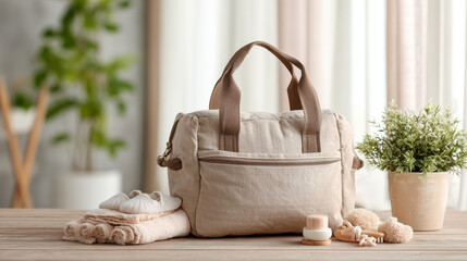 “A maternity bag filled with essential baby accessories rests on an indoor table, leaving clean space for text in a warm and cozy setting.”