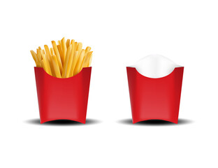French Fries In Red Fast Food Container With Paper Cup Against White Background.