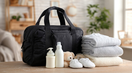 “A maternity bag filled with essential baby accessories rests on an indoor table, leaving clean space for text in a warm and cozy setting.”