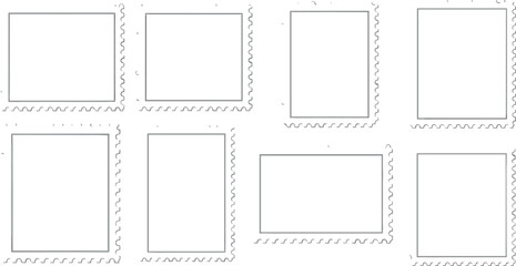 Blank Postage Stamp Vector Frame Collection: Simple Black and White Template Borders with Perforated Edges for Design, Mail, Passport, and Travel Projects
