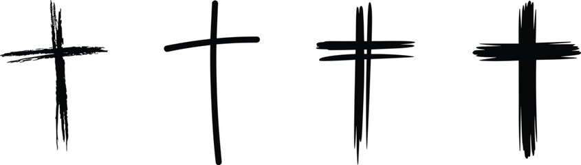 Hand drawn Christian cross symbols, rough brush stroke faith illustration, religious icon design, simple worship graphic elements for spiritual artwork use