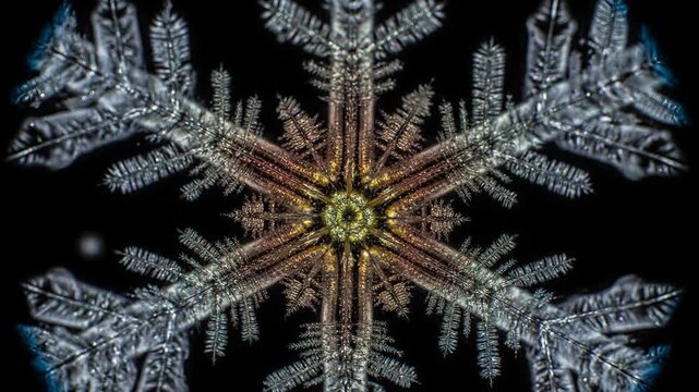 Macro shot of a delicate snowflake with intricate crystal patterns.