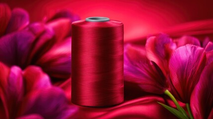 Vibrant red sewing thread spool surrounded by blooming pink flowers on a rich red background