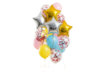 A floating cluster of pastel latex and metallic star helium balloons, with transparent confetti-filled hearts and long golden ribbons trailing, against a transparent background. Festive celebration