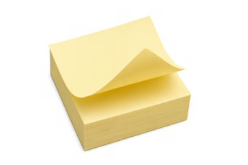 Yellow adhesive notes pad with a curling top sheet, creating space for important reminders and memos, transparent background
