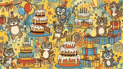 Cats Celebrating with Cakes and Gifts at a Birthday Party.