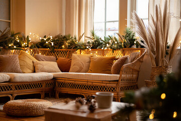 Obraz premium Warm Festive Corner with Garland Lights and Greenery – Cozy Holiday Nook Interior Trend 2026