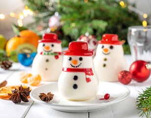 Fototapeta premium Three snowman-shaped desserts on a plate near Christmas decorations