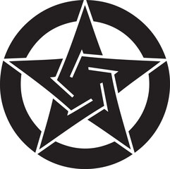 Black five pointed star inside a circle with sharp geometric cuts and white negative space black and white