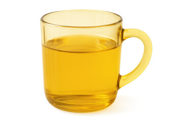 Glass mug holding golden yellow warm tea, a comforting and healthy herbal beverage with a transparent background