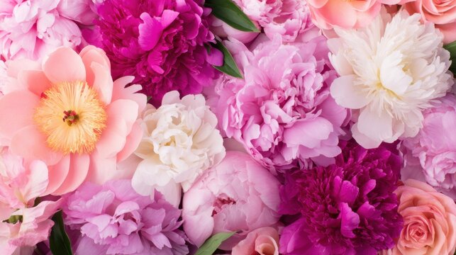 A vibrant arrangement of pink and purple flowers showcasing peonies and roses in a lush floral display - Powered by Adobe