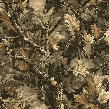 Camouflage seamless pattern. Forest real tree camouflage design. Hunting camouflage.