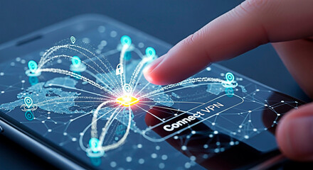 Mobile phone with network connection graphic for the concept of digital connection and virtual private network.