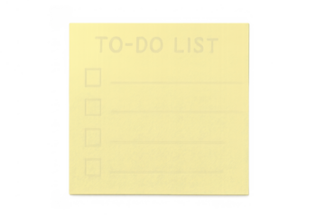 Yellow sticky to-do list note presenting blank checkboxes for task management on a transparent background