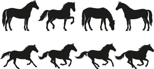 Horse Silhouettes Set, Running, Grazing, and Reaching Equine Animals Vector Collection