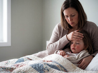 Mother checking temperature sick child copy space thermometer fever flu care family health bed mom daughter ill medicine sadness concern parenting support bedroom virus medical concept home treatment