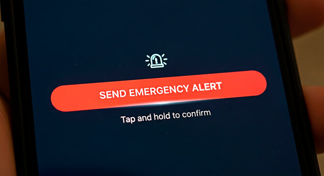 Emergency alert notification on a smartphone screen for the concept of Crisis and help.